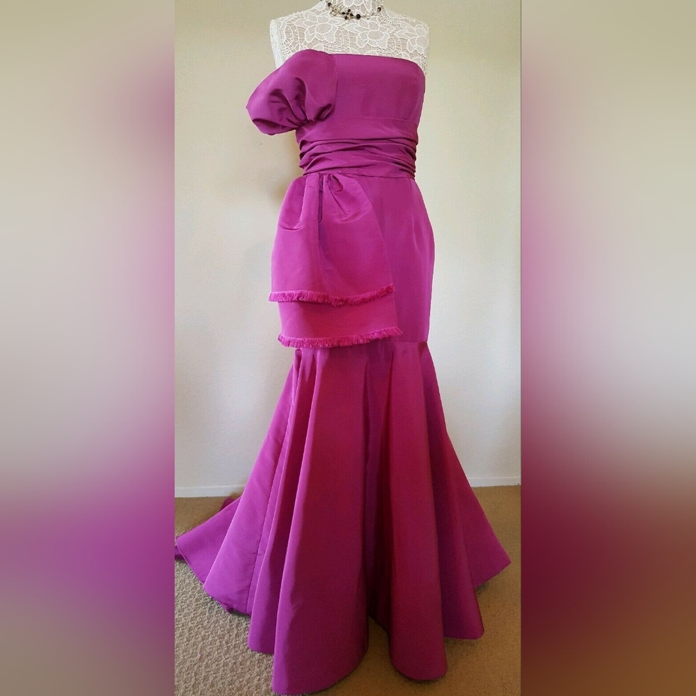 $12,000 OSCAR DE LA RENTA W. DEFECTS MARGENTA SILK BOW RUNWAY DRESS GOWN US 8